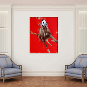 'Red And White' painting by Aditya Shirke shown on a wall in a furnished room.