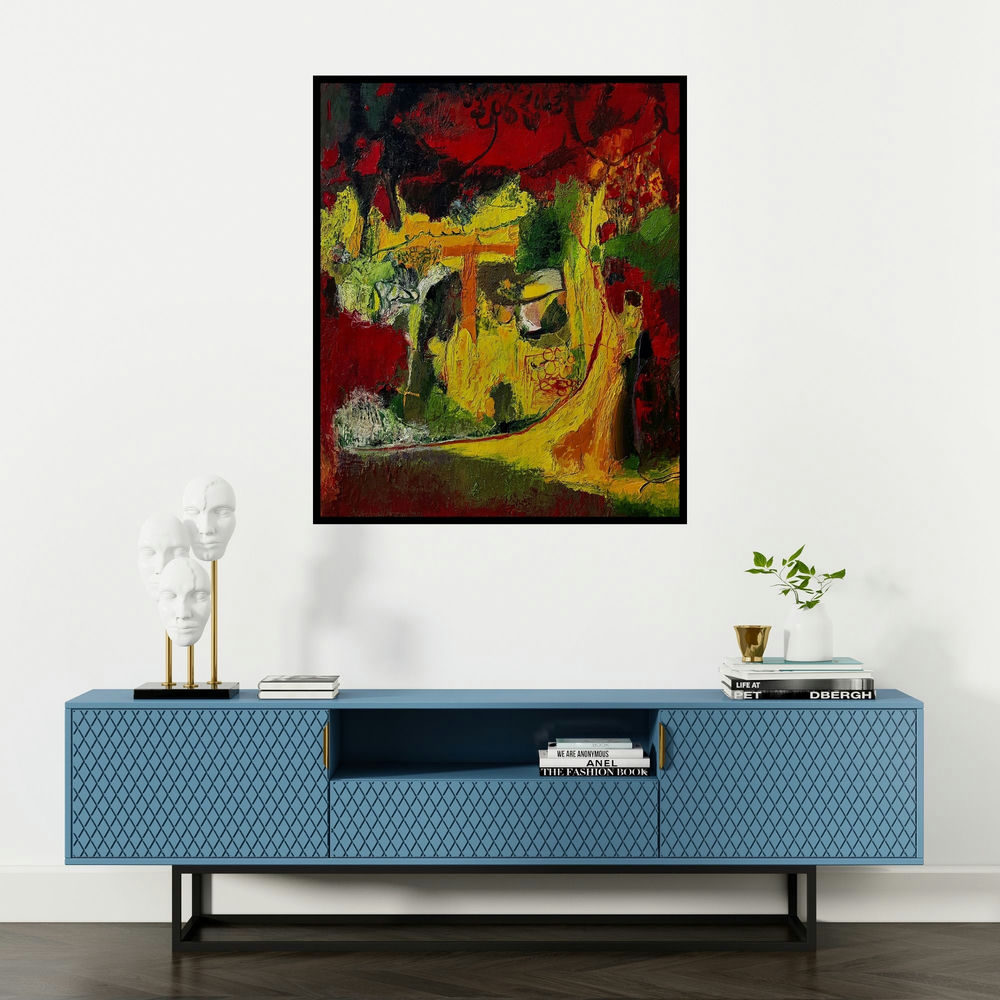 Debabrata Hazra's 'Red And Woods (Hidden Depths)' painting visualized above a sofa in a contemporary room.