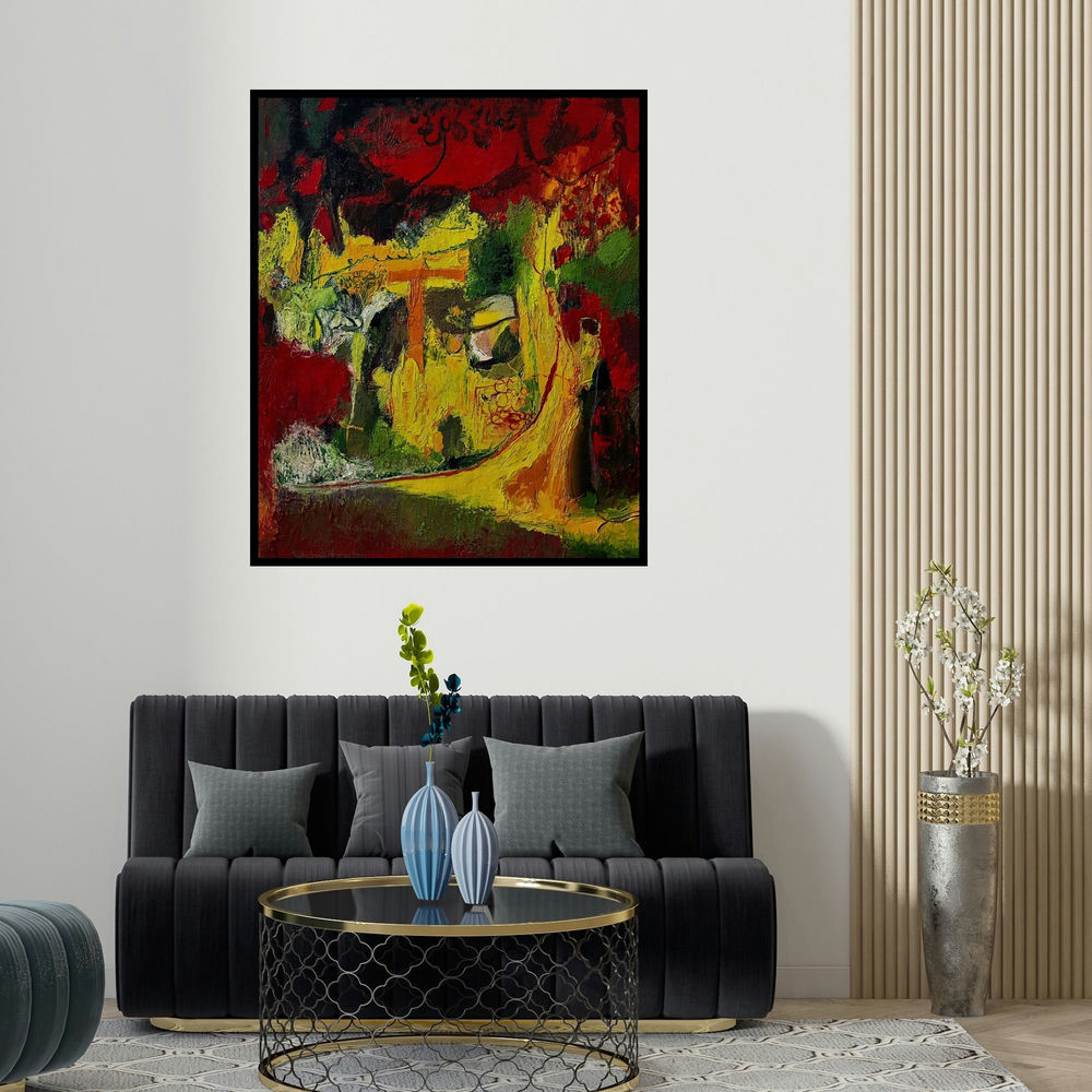 'Red And Woods (Hidden Depths)' painting by Debabrata Hazra shown on a wall in a furnished room.