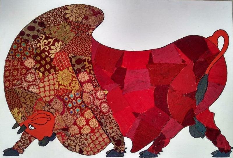 Animals mixed media painting titled 'Red Bull Banarasi Silk', 24x36 inches, by artist Sreekanth Kurva on Canvas