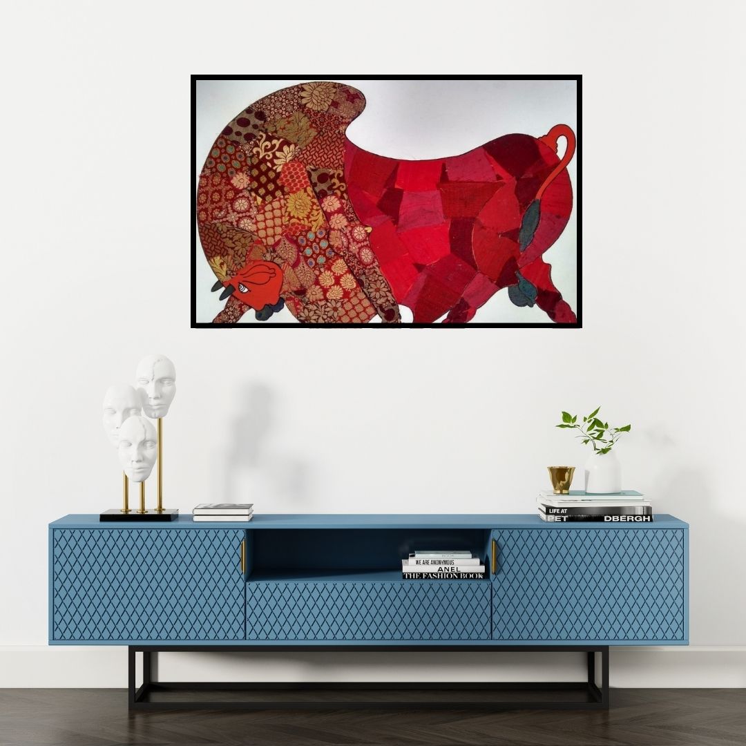 Preview of 'Red Bull Banarasi Silk (Textured Strength)' Painting by Sreekanth Kurva shown on a wall in a furnished room.