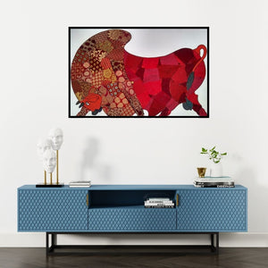 Preview of 'Red Bull Banarasi Silk (Textured Strength)' Painting by Sreekanth Kurva shown on a wall in a furnished room.