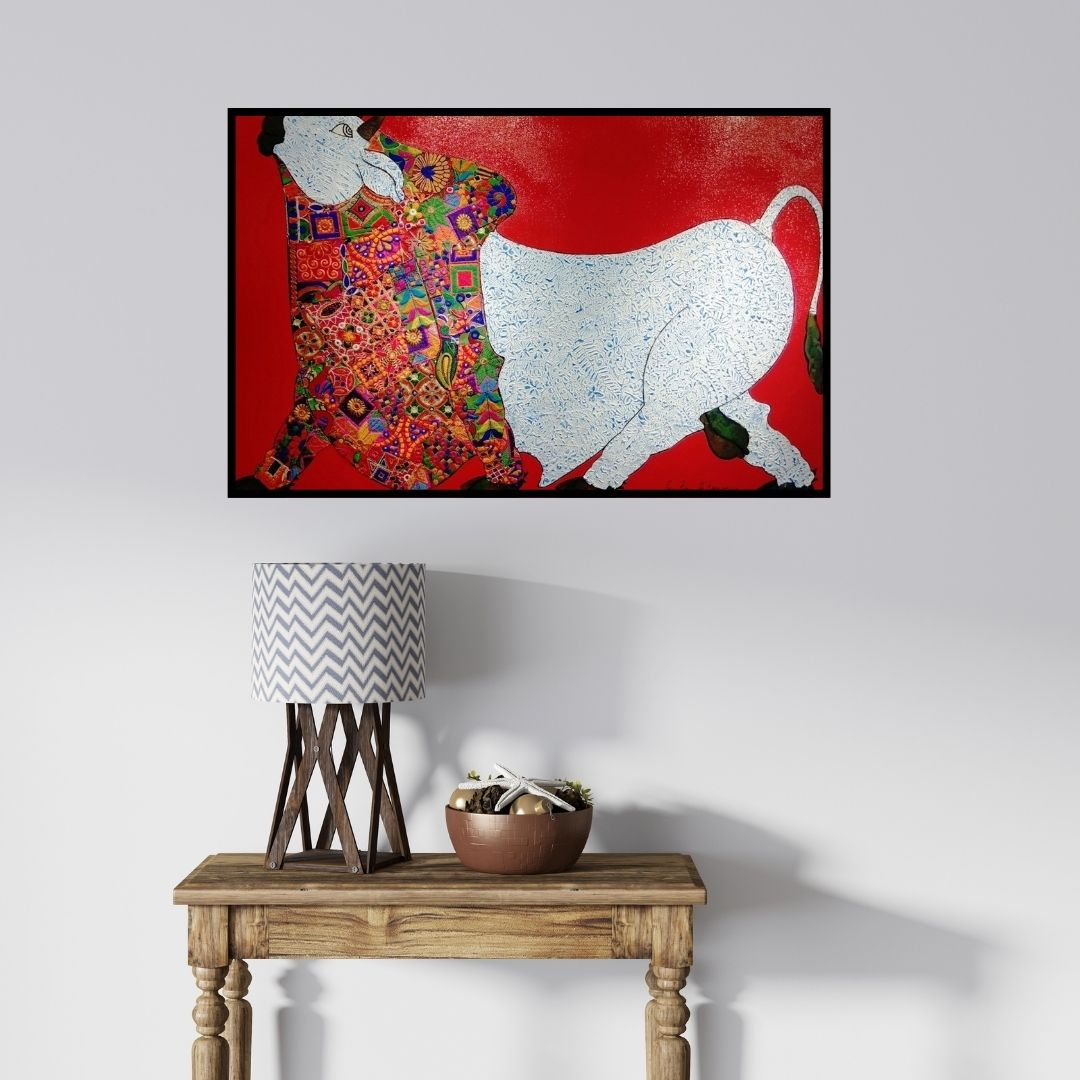 In-situ view of Sreekanth Kurva's 'Red Bull (The Majestic Beast)' painting in a room
