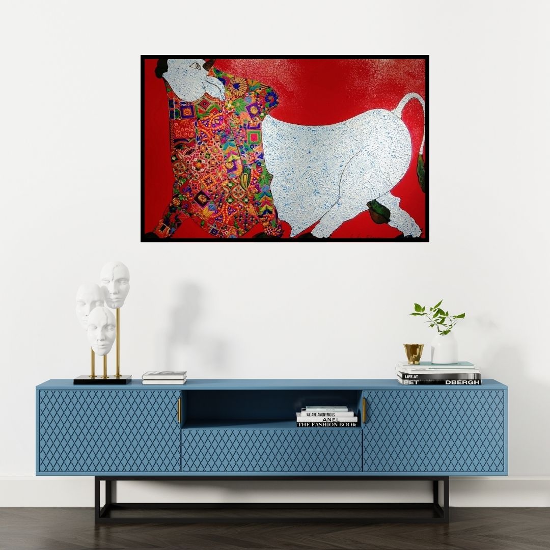 Preview of 'Red Bull (The Majestic Beast)' Painting by Sreekanth Kurva shown on a wall in a furnished room.