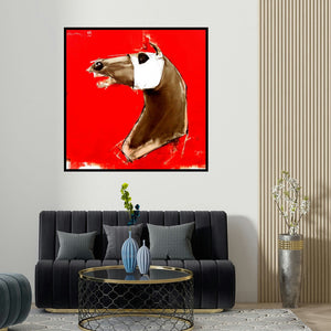 Aditya Shirke's 'The Red Charge' painting visualized above a sofa in a contemporary room.