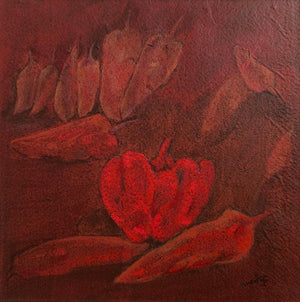 Red Chillies (A Study in Red) by Mahendra Parmar, Original Acrylic Food Painting on Paper, X-Small Square Wall Art