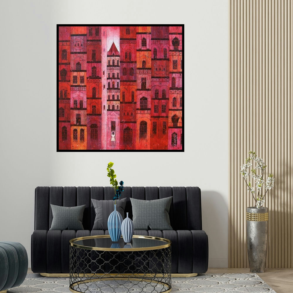 Suresh Gulage's 'Red City (Lost in the City)' painting visualized above a sofa in a contemporary room.