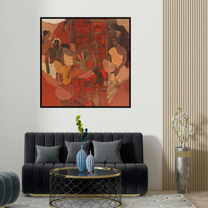 Siddharth Shingade's 'Red Door' painting visualized above a sofa in a contemporary room.