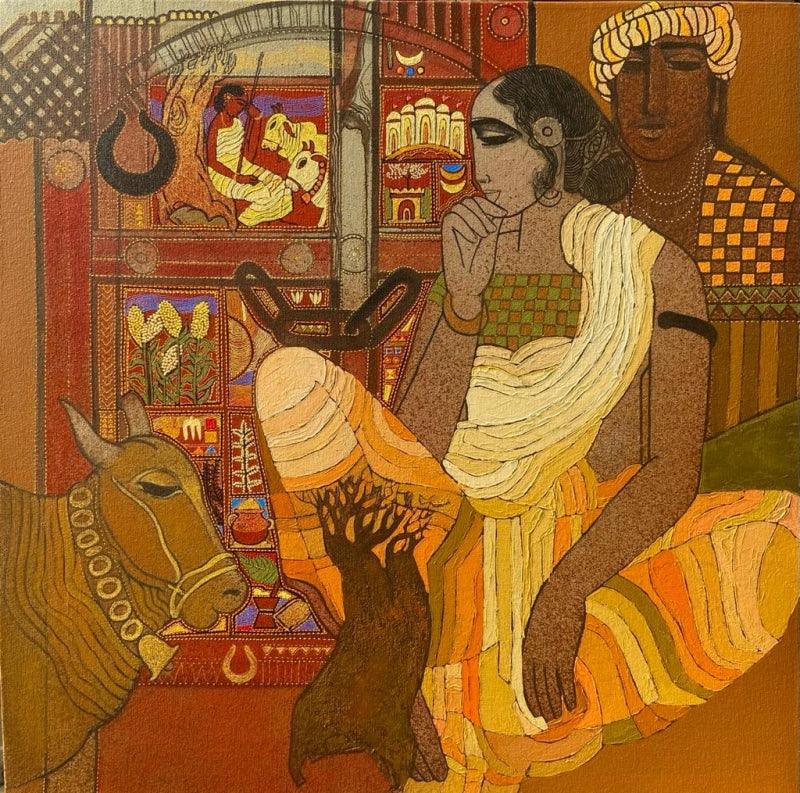 Figurative acrylic painting titled 'Red Door', 24x24 inches, by artist Siddharth Shingade on Canvas