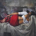 The Red Drap' figurative oil painting by artist Prasad Thite, 24x30 inch, on canvas