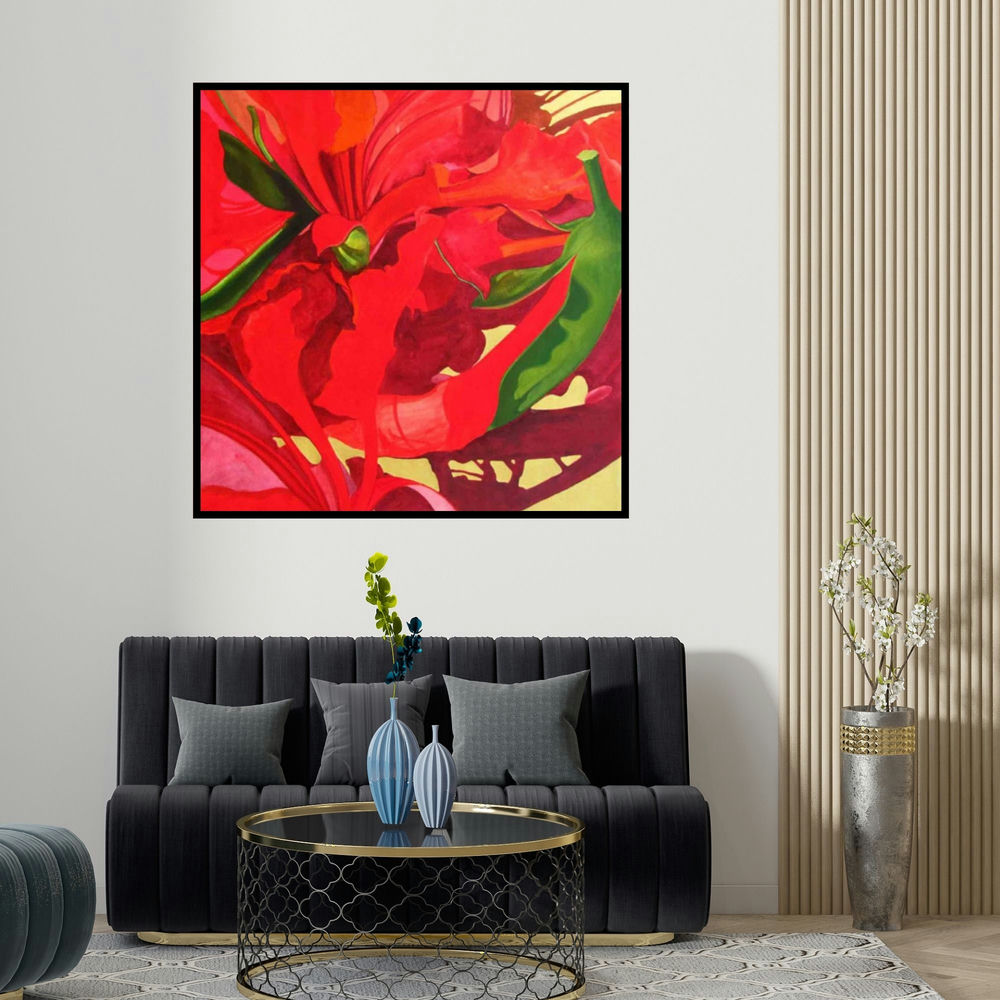 Balaji G Bhange's 'The Red Flower I' painting visualized above a sofa in a contemporary room.