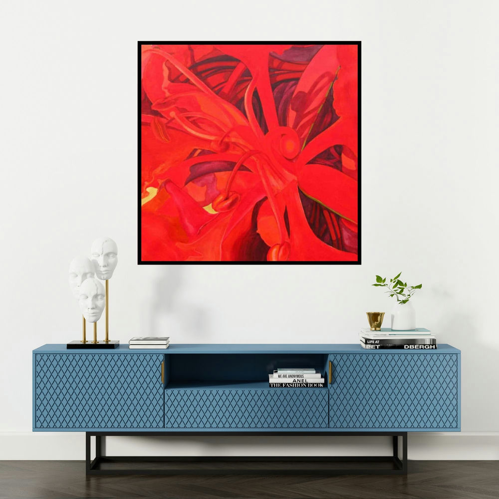 'The Red Flower Ii' painting by Balaji G Bhange shown on a wall in a furnished room.