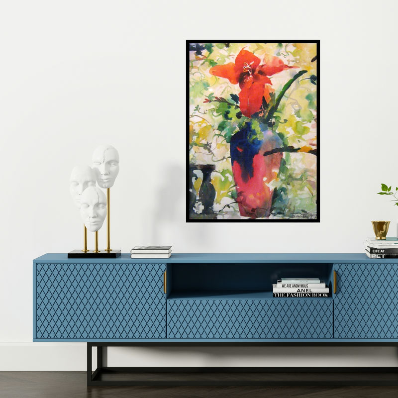 Preview of 'Red Flower With Vase (Scarlet Elegance)' Painting by Manas Biswas shown on a wall in a furnished room.