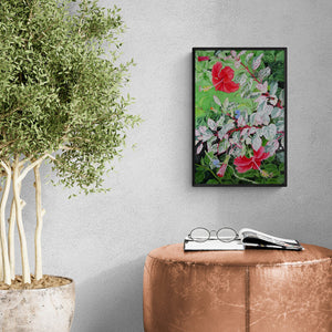 Preview of 'Red Hibiscus Variegated (Crimson Delight: Hibiscus in Bloom)' Painting by Vishwajyoti Mohrhoff shown on a wall in a furnished room.