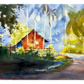 Landscape watercolor painting titled 'Red House At The Corner 1', 20x14 inches, by artist Soven Roy on Paper