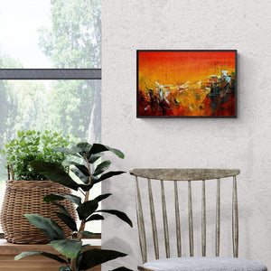 Dnyaneshwar Dhavale's painting 'Red Ix (City at Sunset)' displayed in a modern living room setting