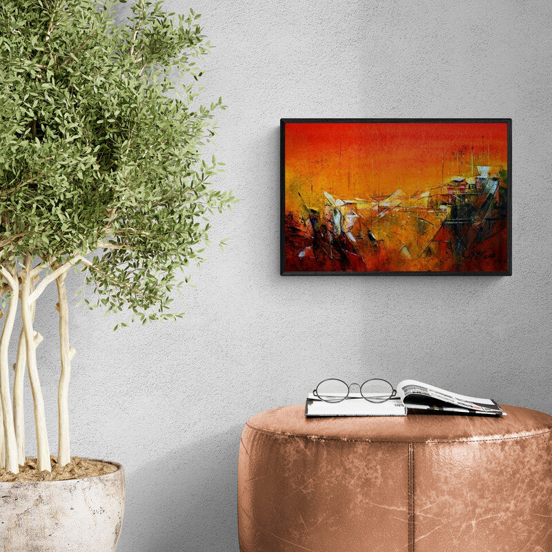 Dnyaneshwar Dhavale's 'Red Ix (City at Sunset)' Painting visualized above a sofa in a contemporary room
