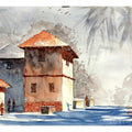Landscape watercolor painting titled 'Red Konkan House', 16x12 inches, by artist Soven Roy on Paper