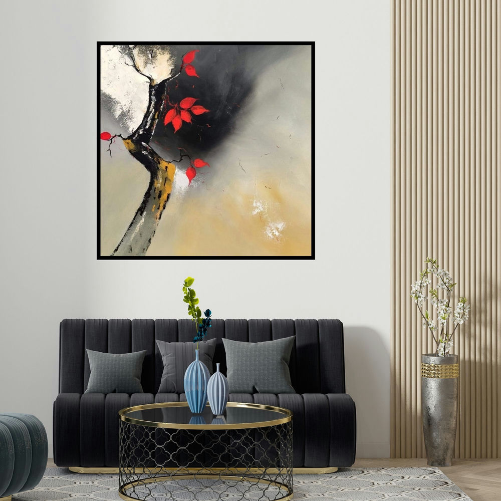 Sanjay Dhawale's 'Red Leaves (Crimson Whisper)' painting visualized above a sofa in a contemporary room.