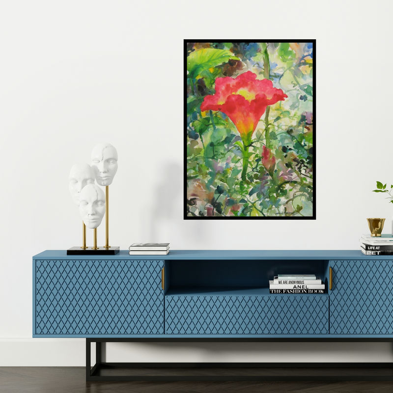 Preview of 'Red Lily In Nature (Crimson Bloom)' Painting by Manas Biswas shown on a wall in a furnished room.