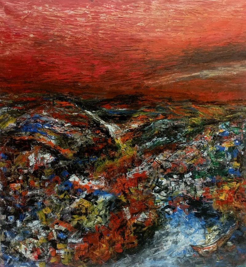 'Red Summer Evening' abstract acrylic painting by artist Ganesh Singh, 39x36 inch, on canvas