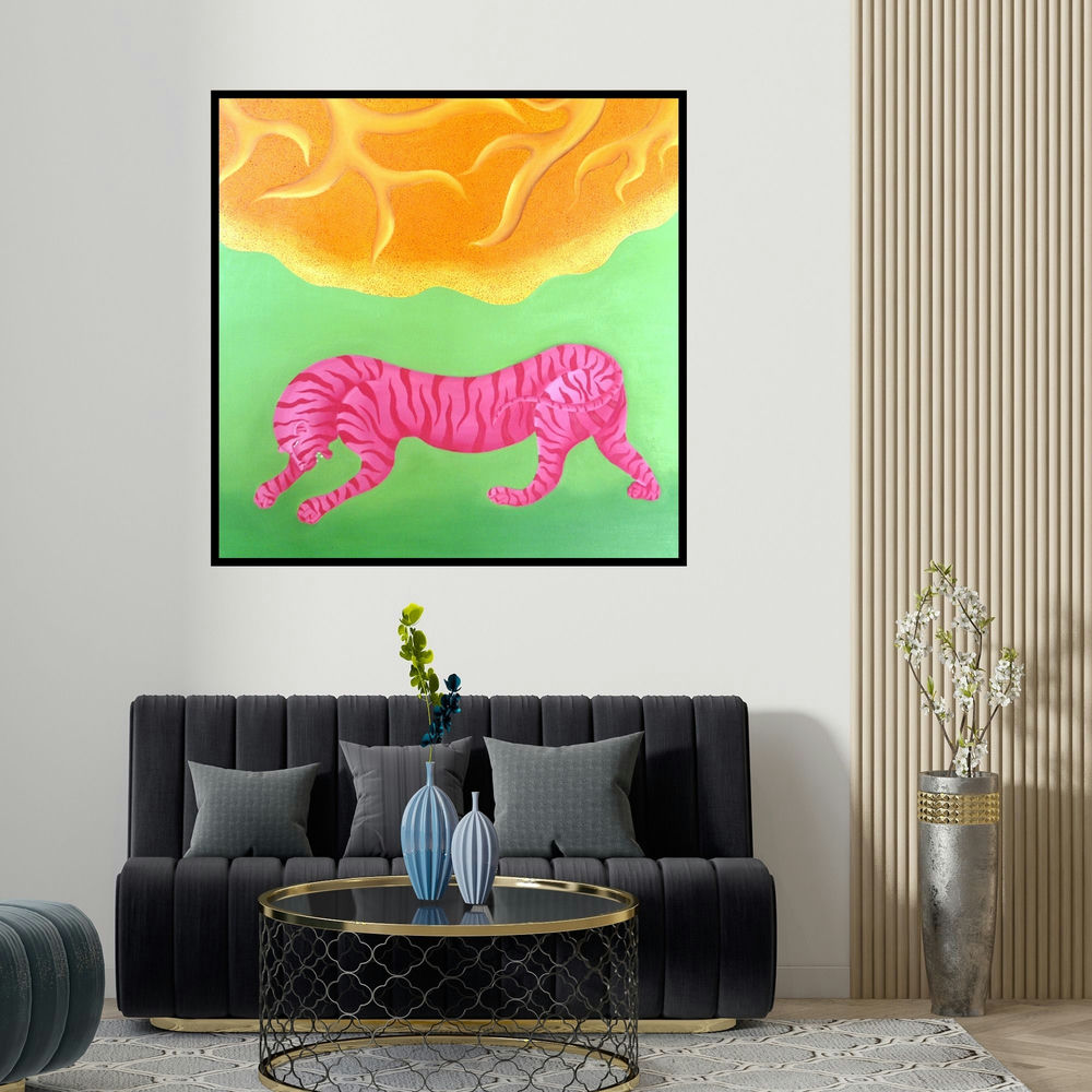Naveena Ganjoo's 'Red Tiger (Solar Prowl)' painting visualized above a sofa in a contemporary room.