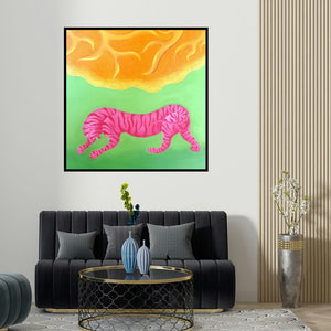 Naveena Ganjoo's 'Red Tiger (Solar Prowl)' painting visualized above a sofa in a contemporary room.