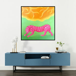 'Red Tiger (Solar Prowl)' painting by Naveena Ganjoo shown on a wall in a furnished room.