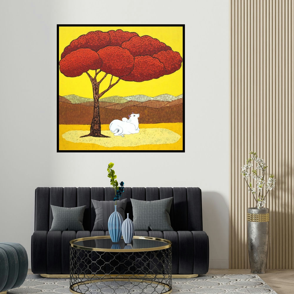 Deepali S's 'Red Tree' painting visualized above a sofa in a contemporary room.