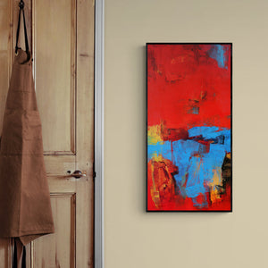 In-situ view of Siddhesh Rane's 'Red Vertical Abstract I' painting in a room
