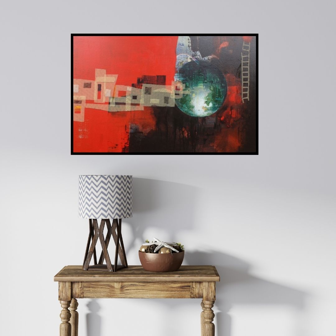 In-situ view of Rajnarayan Santra's 'Red World (Reaching the Digital Realm)' painting in a room