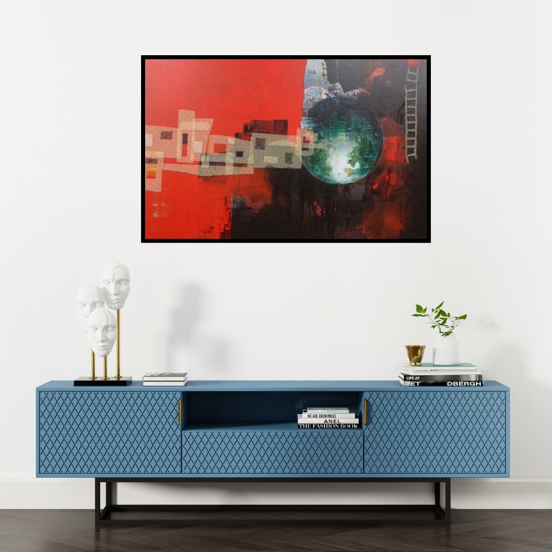 Preview of 'Red World (Reaching the Digital Realm)' Painting by Rajnarayan Santra shown on a wall in a furnished room.