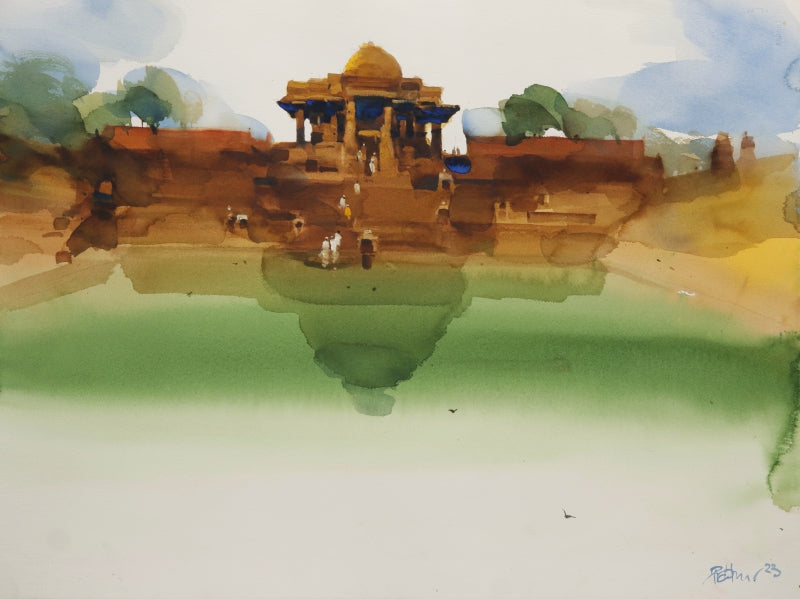 'Reflecting Devotion To Sun' landscape watercolor painting by artist Prashant Prabhu, 22x30 inch, on paper