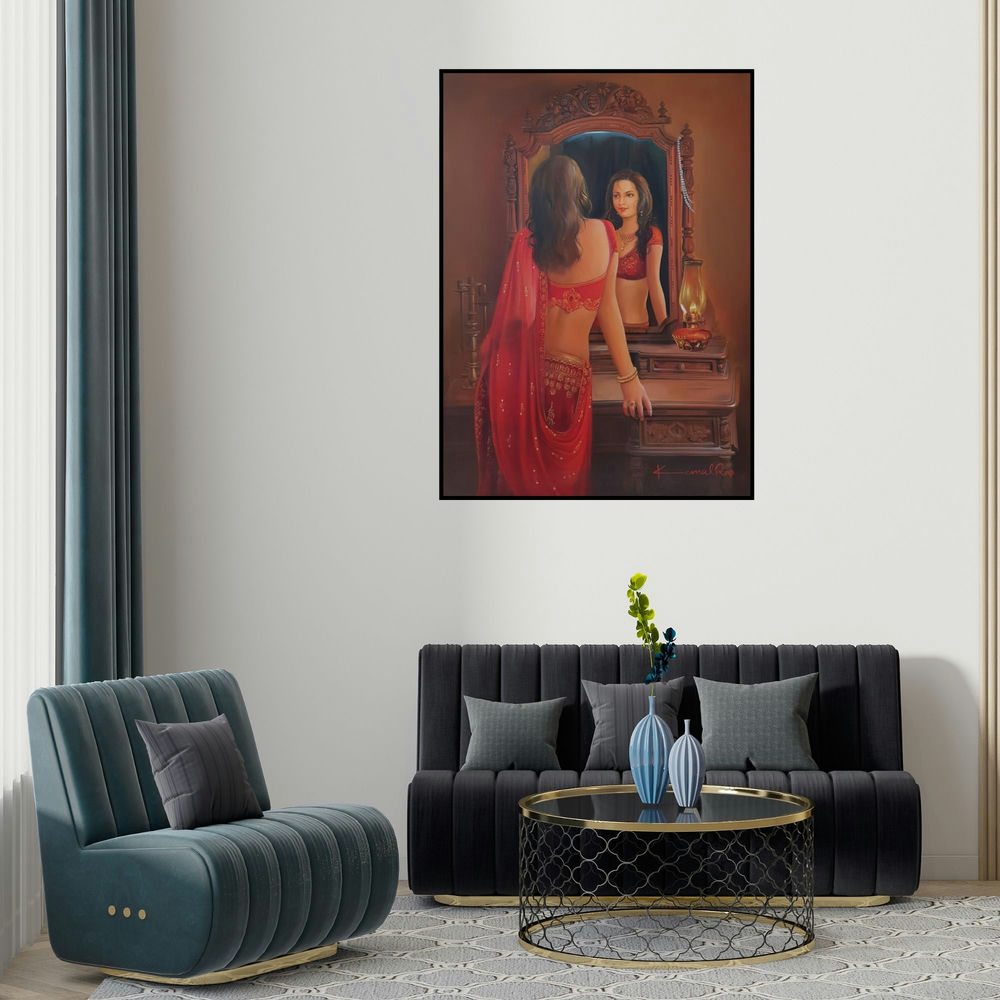 'Reflection (Reflections of Self)' painting by Kamal Rao shown on a wall in a furnished room.