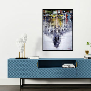 'Reflection (Urban Reflections)' painting by Sanjay Dhawale shown on a wall in a furnished room.