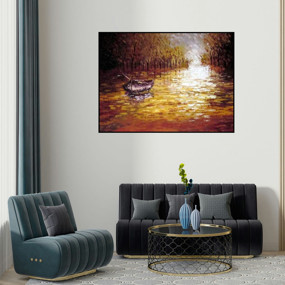 Ganesh Panda's 'The Reflection (Golden Reflections)' painting visualized above a sofa in a contemporary room.