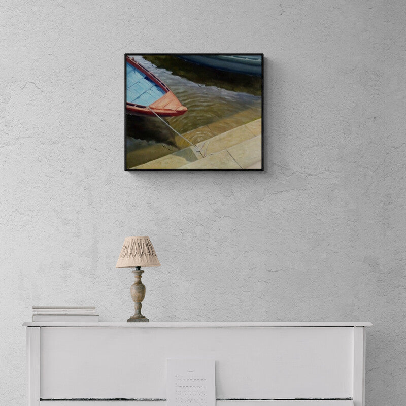 Uday Farat's 'Reflection 5 (Reflections on the Water)' Painting visualized above a sofa in a contemporary room