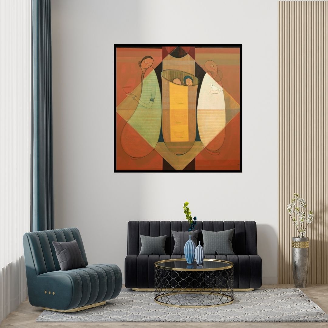 Preview of 'Reflection (Nurturing Circle)' Painting by Dattatraya Thombare shown on a wall in a furnished room.