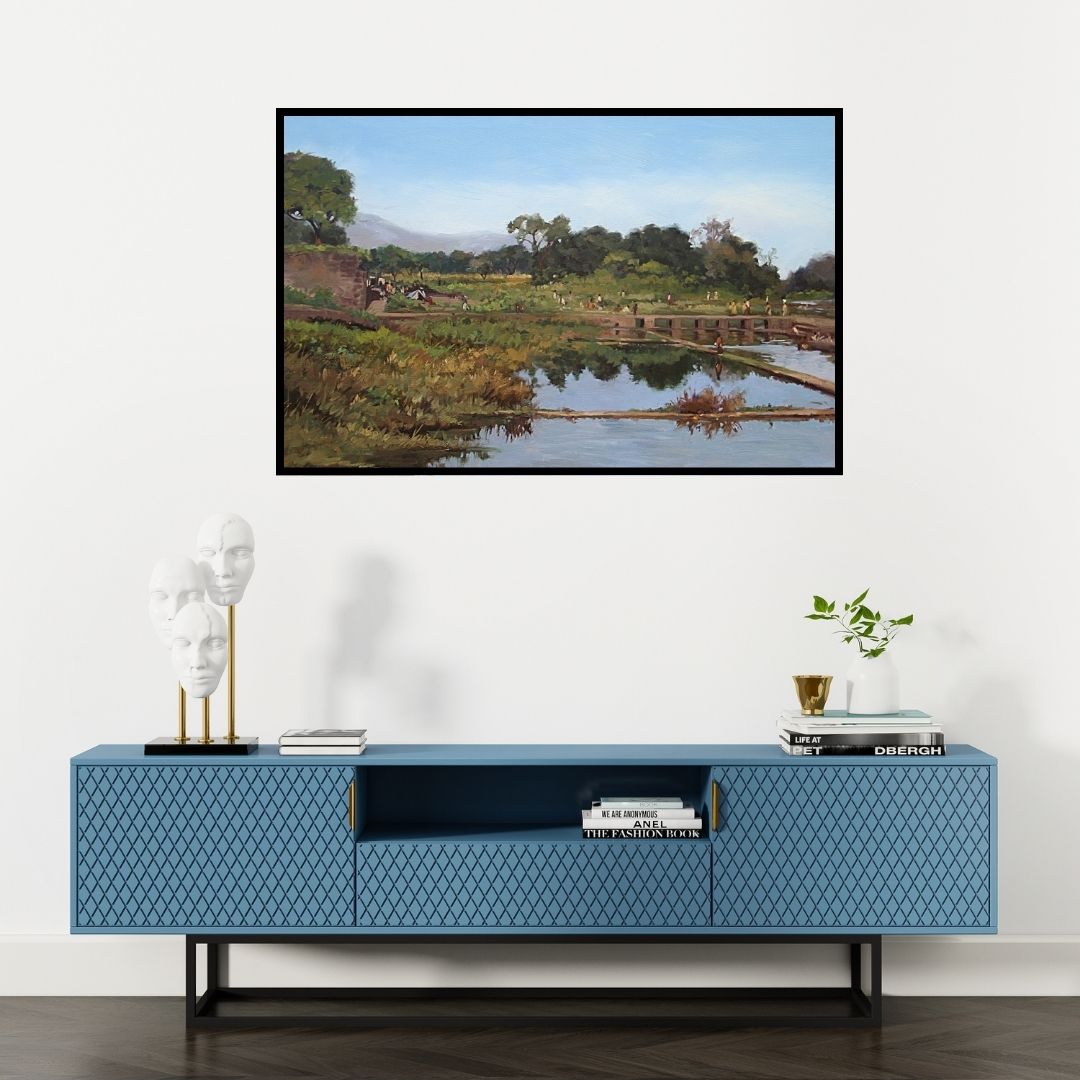 Preview of 'Reflection' Painting by Sachin Sawant shown on a wall in a furnished room.