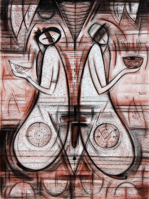 Reflection Iii (Mirror Image: A Moment of Reflection) by Dattatraya Thombare, Original Acrylic Figurative Painting on Canvas, Medium Vertical Wall Art