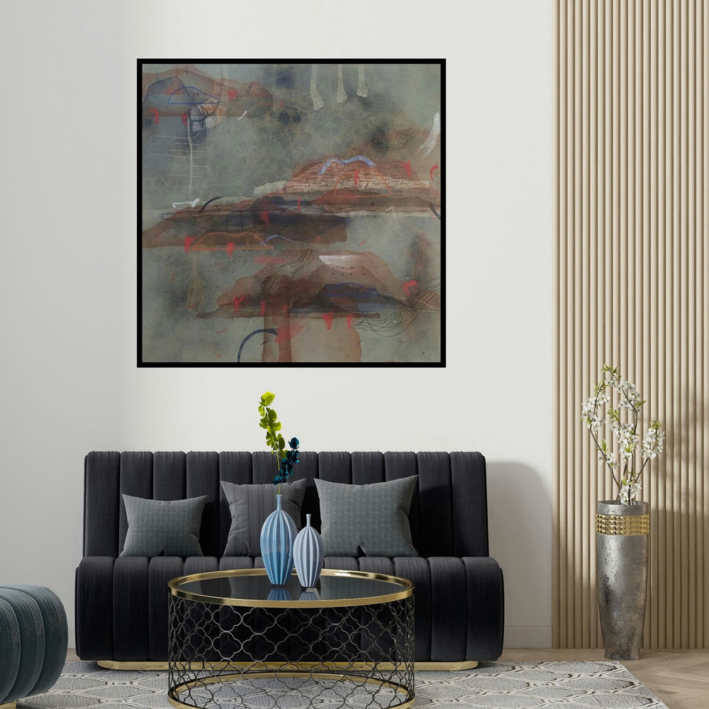 Narendar Mukherjee's 'Reflection Of Nature 4 (Abstract Forms)' painting visualized above a sofa in a contemporary room.