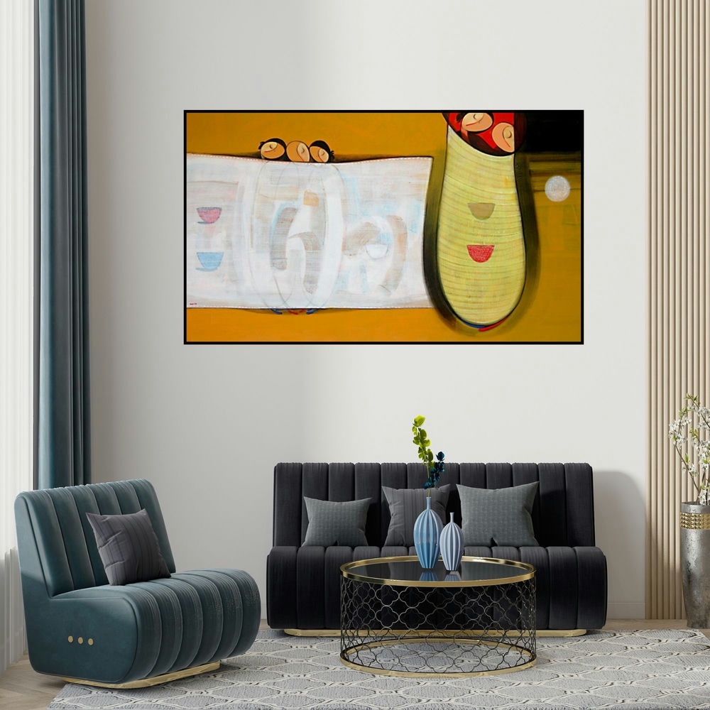 Dattatraya Thombare's 'Reflection V' painting visualized above a sofa in a contemporary room.