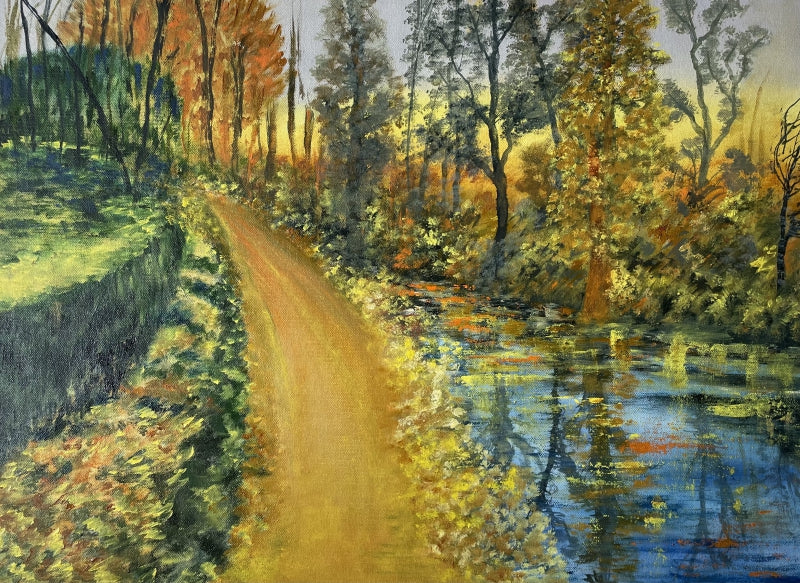 Reflections In A Pond' landscape oil painting by artist Umesh Pandey, 16x22 inch, on canvas