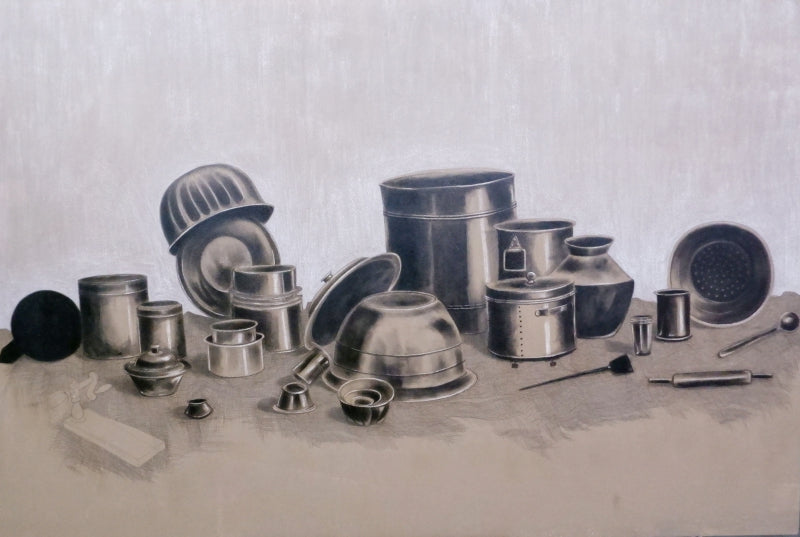 'Reflections Of Traditions 4' still-life charcoal painting by artist Divya Chinni, 48x72 inch, on canvas