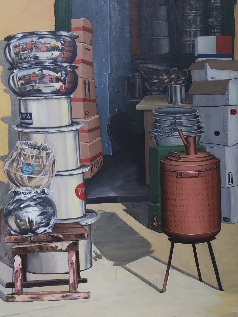 'Reflections Of Traditions' still-life acrylic painting by artist Divya Chinni, 48x36 inch, on canvas