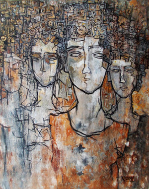Reflex Of Mind (Three Graces) by Rupchand Kundu, Original Acrylic Figurative Painting on Canvas, Medium Vertical Wall Art