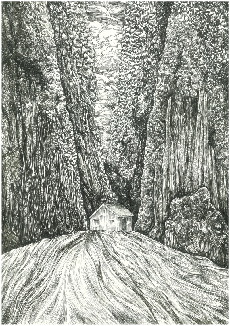 The Refuge' landscape pen-ink drawing by artist Ninoshka Dias, 17x12 inch, on paper