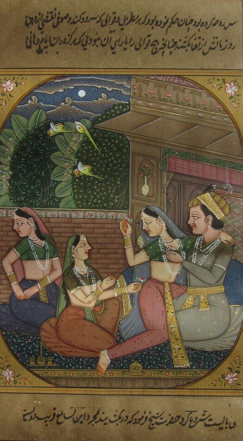 Figurative mughal traditional art titled 'Regal Entertainment Mughal Painting', 9x6 inches, by artist Unknown on Paper