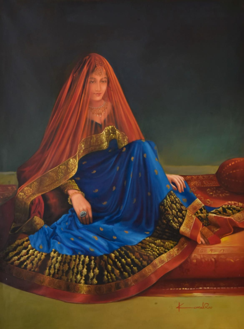 Regal Splendor' figurative oil painting by artist Kamal Rao, 48x36 inch, on canvas