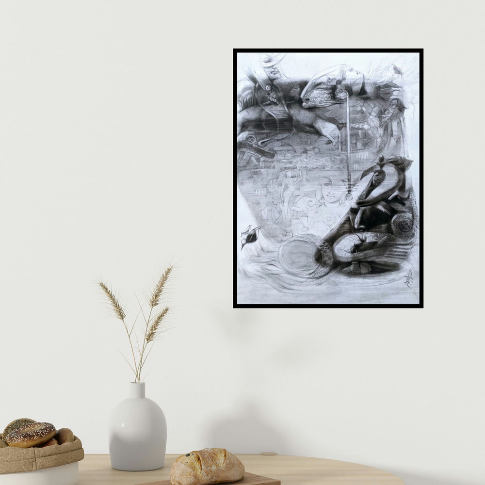 Anas Sultan's 'Reincarnation' painting visualized above a sofa in a contemporary room.